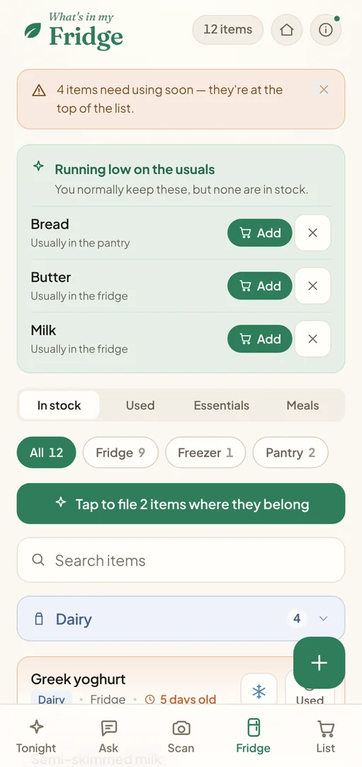 My food: items that need using soon at the top, and the usuals that have run out
