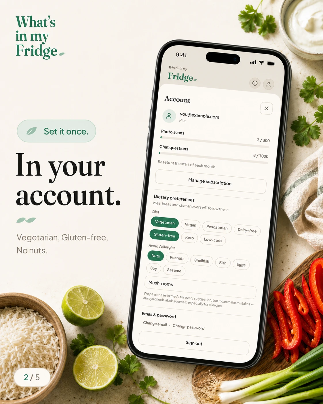 Set your diet and allergies once — in your account.