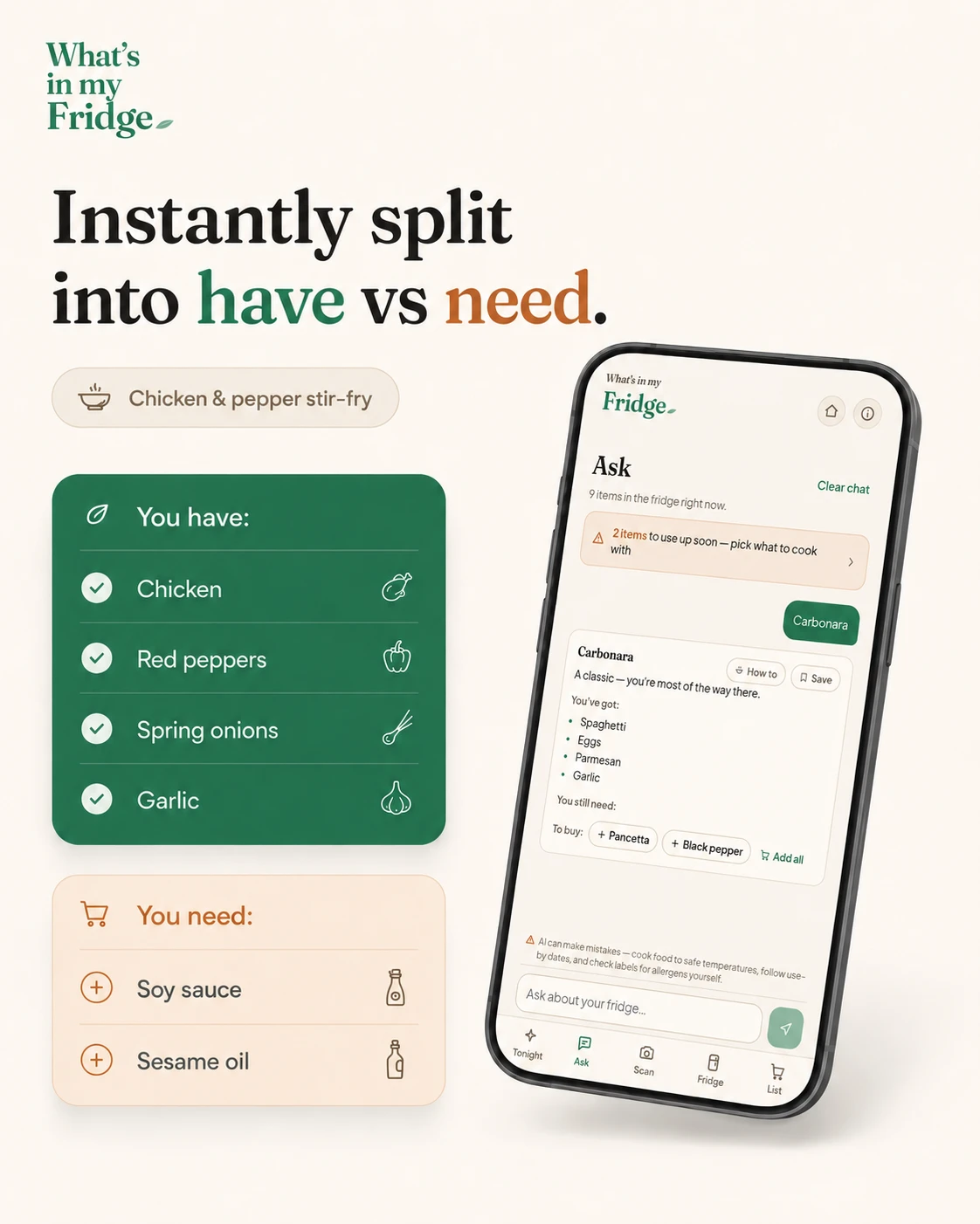 Any dish, instantly split into what you have and what to buy.