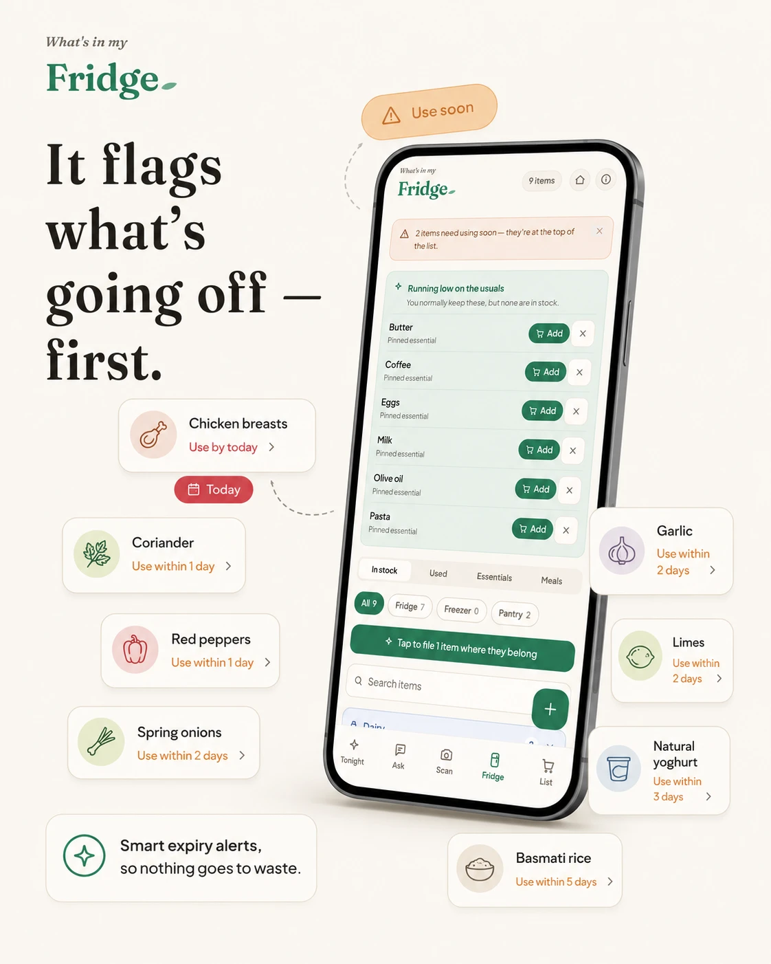 The soonest-to-use items rise to the top, with a gentle “use soon” flag.