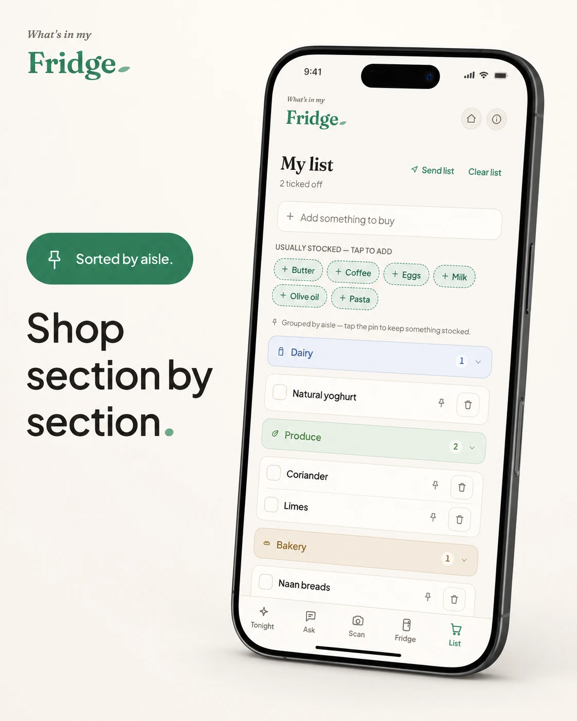 Grouped by aisle, building itself from your meals and staples.