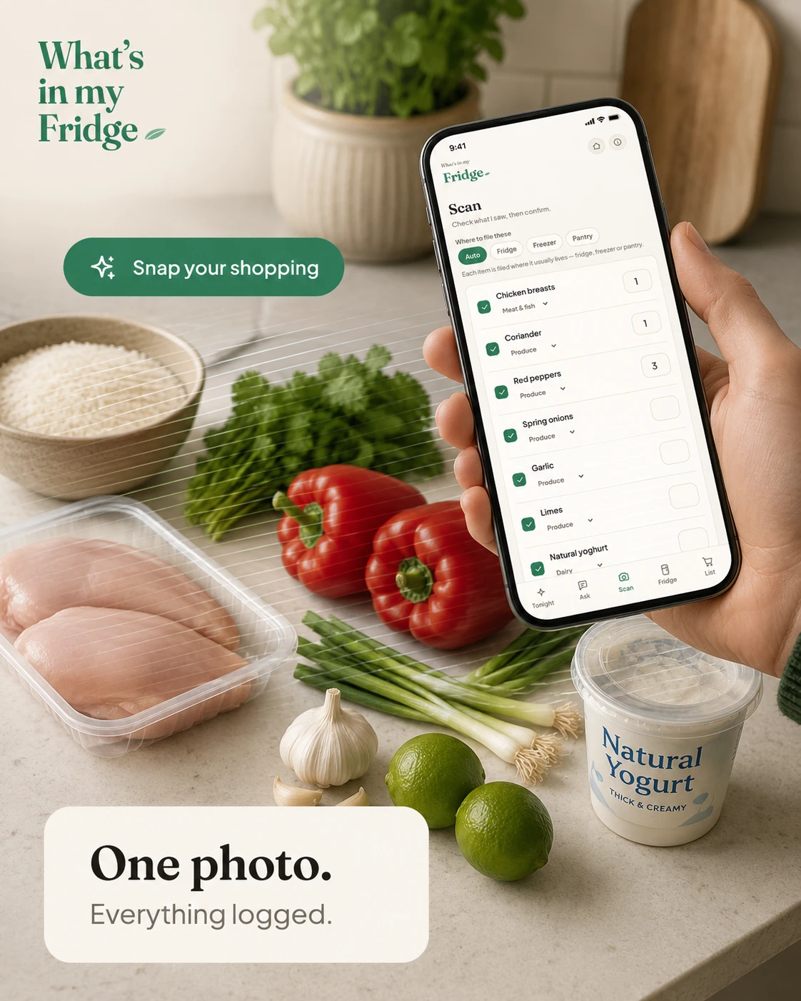 Snap your shopping — every item logged in seconds, no typing.